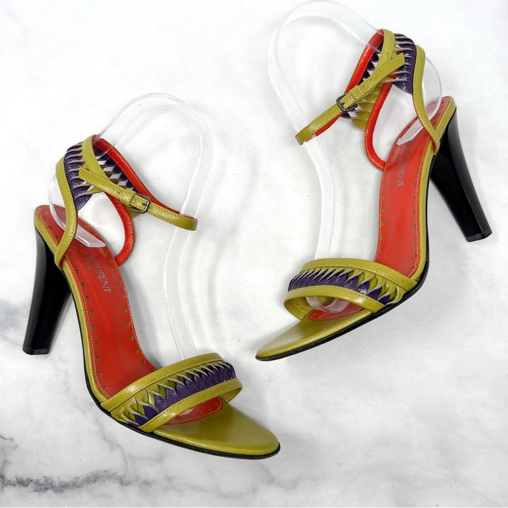 YSL Yves Saint Laurent Vintage Y2K Leather Sandal Heels Funky Retro 70s 37.5